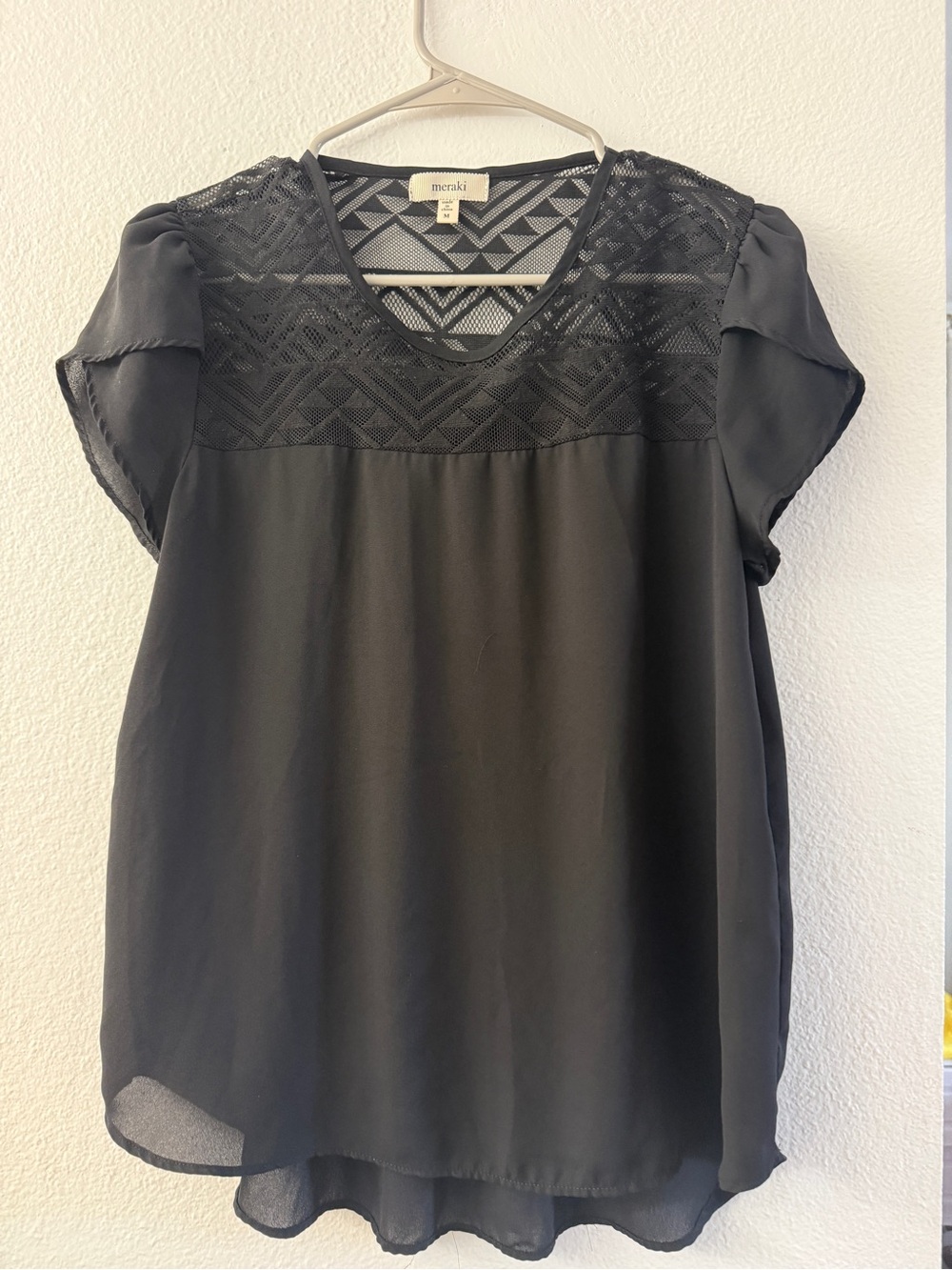 meraki Black Lace Yoke Flutter Sleeve Blouse